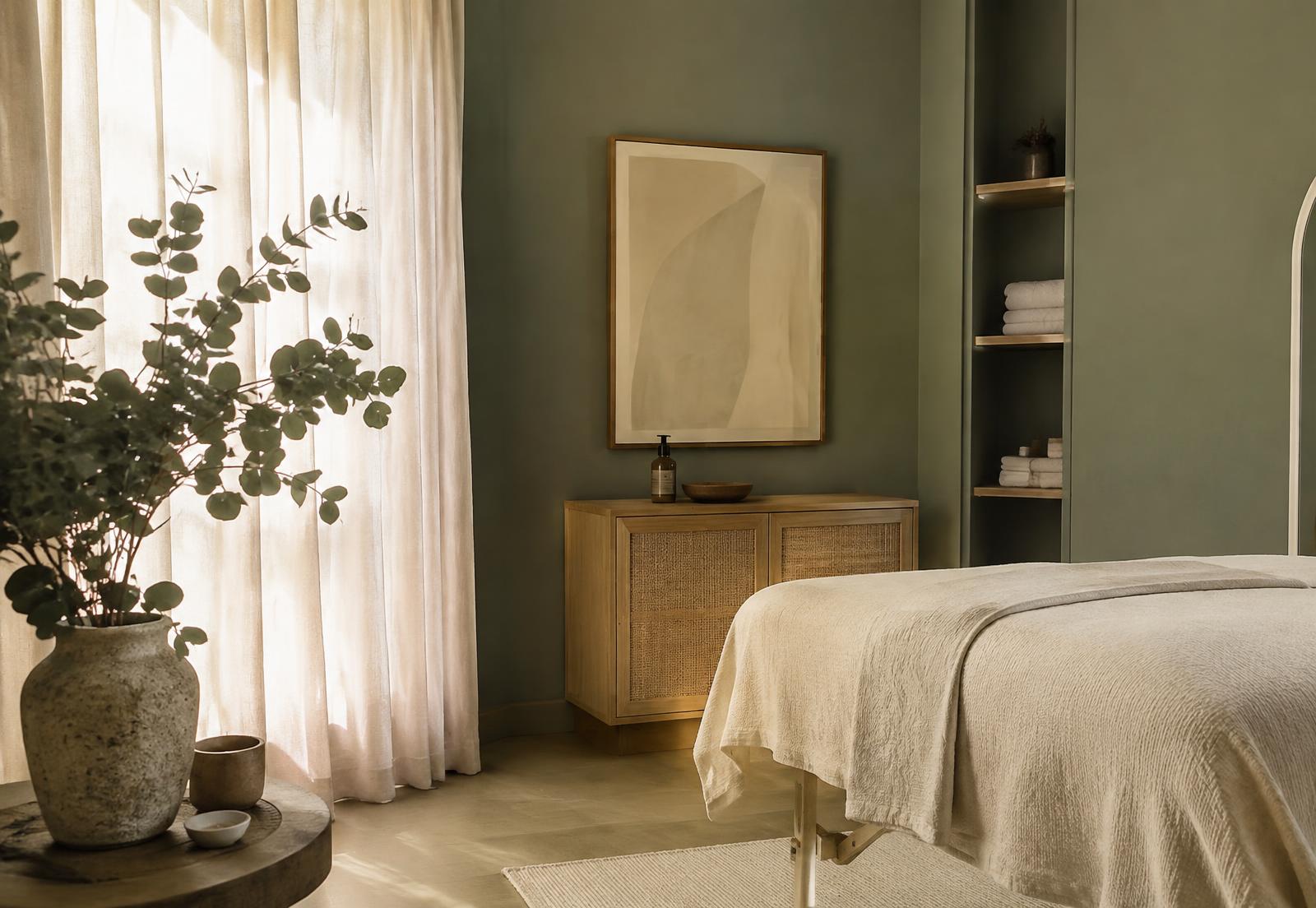 Calm treatment room with linen curtains and eucalyptus