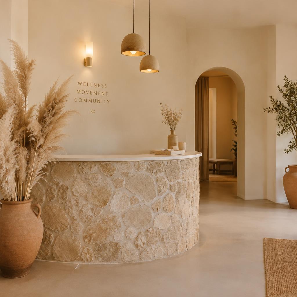 Stone reception desk with pampas grass and terracotta pots